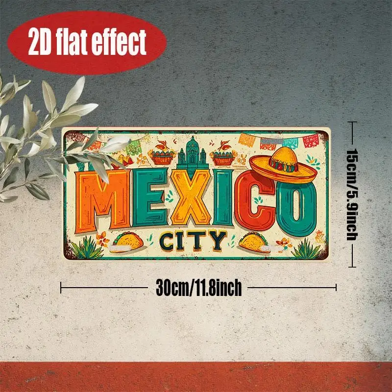 Mexico City Taco & Sombrero Vintage Metal Sign Style Metal Sign Retro Mexican Travel Souvenir Wall Art Decor for Hom