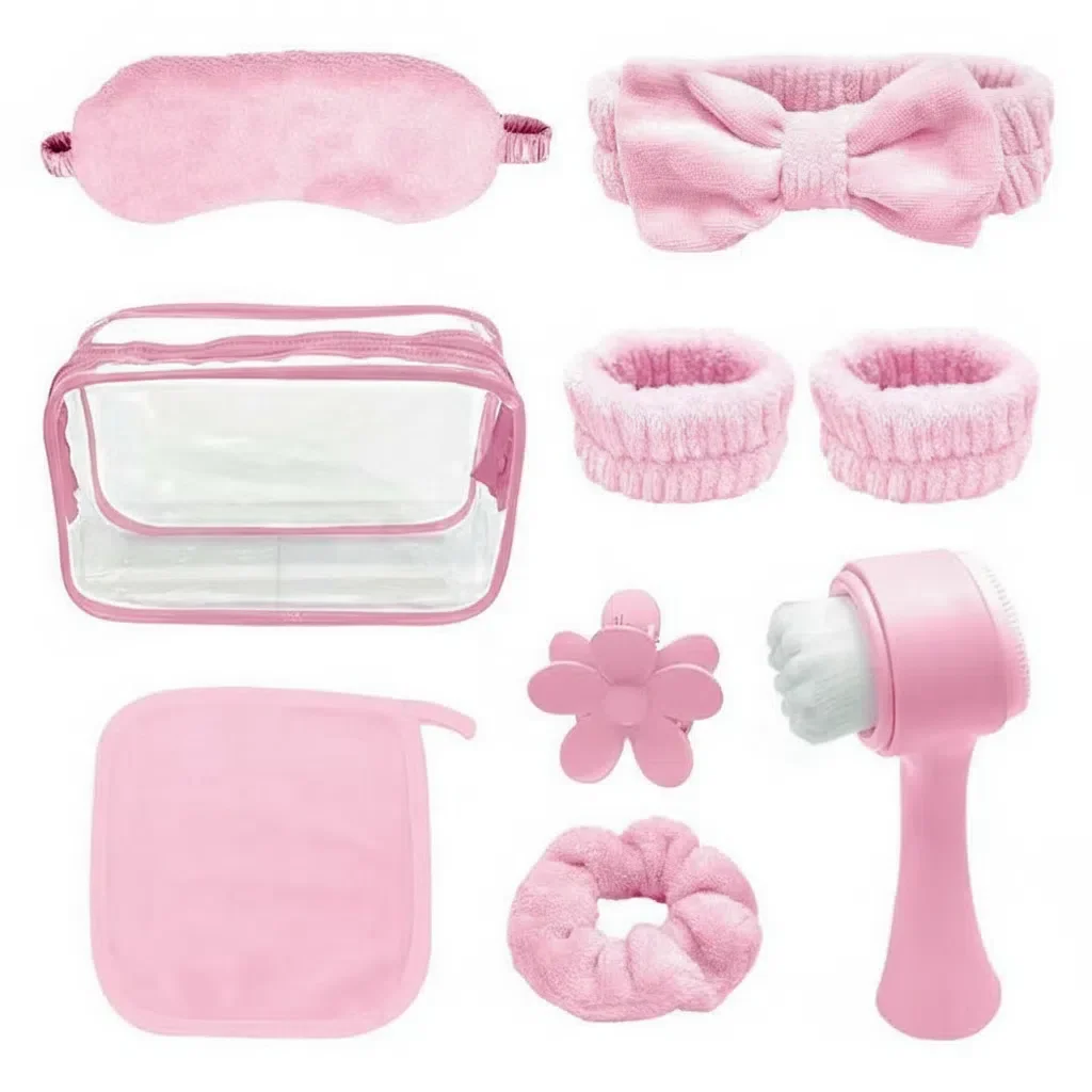 

Набор из 8 предметов: женская повязка-бантик на голову и заколки для волос, с браслетом и инструментами для ухода за лицом. Подарочный набор для повседневного использования.