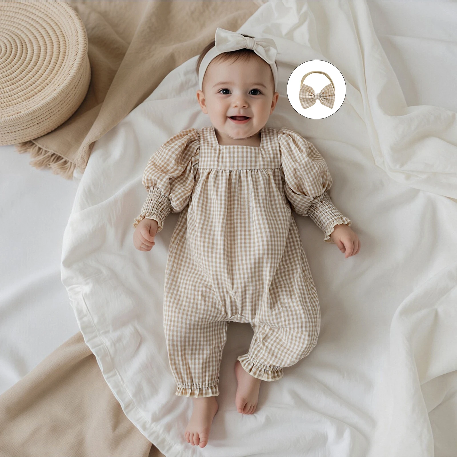 

Осенний комбинезон для маленьких девочек, клетчатый комбинезон с квадратным вырезом и длинными рукавами, полная длина с бантом, повязка на голову, одежда для новорожденных