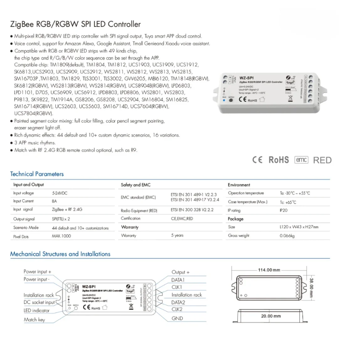 WZ-SPI Tuya Zigbee SPI Controller RF Remote Control 1000Leds Addressable RGB RGBW Pixel WS2811 2812B LED Strip Lights DC5V-24V