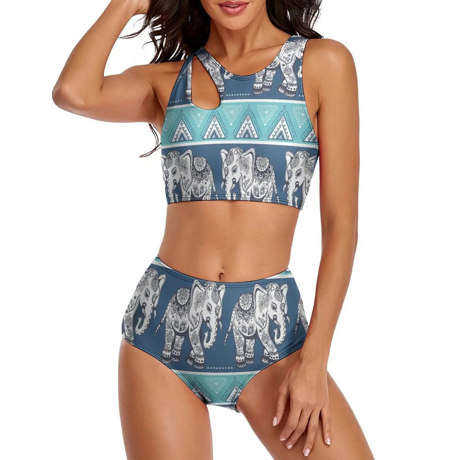 

Vintage Elephant Bikini Swimsuit White Floral Print High Waist Swimwear Sexy Funny Bikinis Set Push Up Custom Bathing Suit