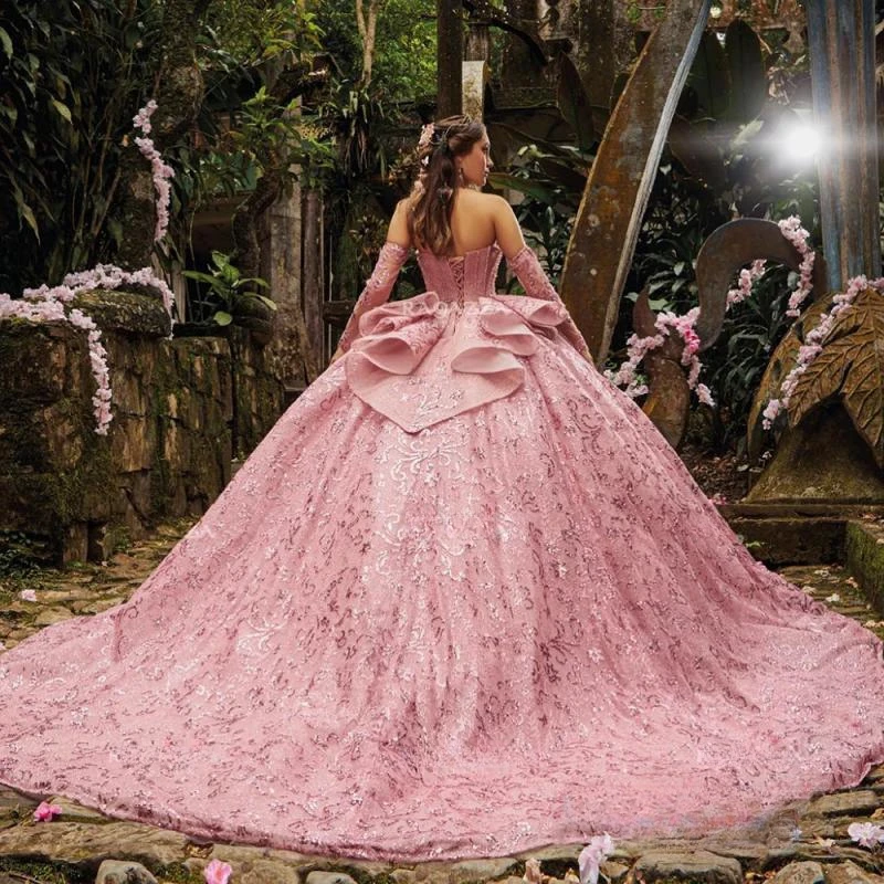 Vestido De baile De encaje con lentejuelas y purpurina rosa, quinceañera, manga desmontable, corsé con cuentas De cristal, 15 Años