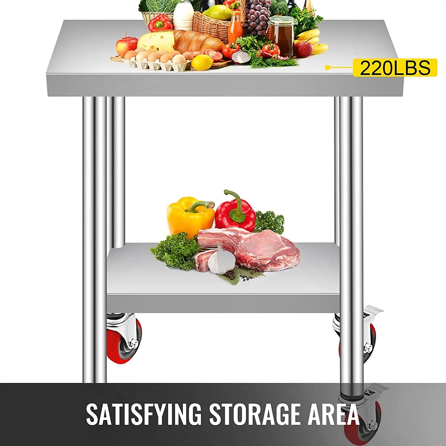 

24x18x34 Inch Stainless Steel Work Table 3-Stage Adjustable Shelf with 4 Wheels Heavy Duty Commercial Food Prep Worktable