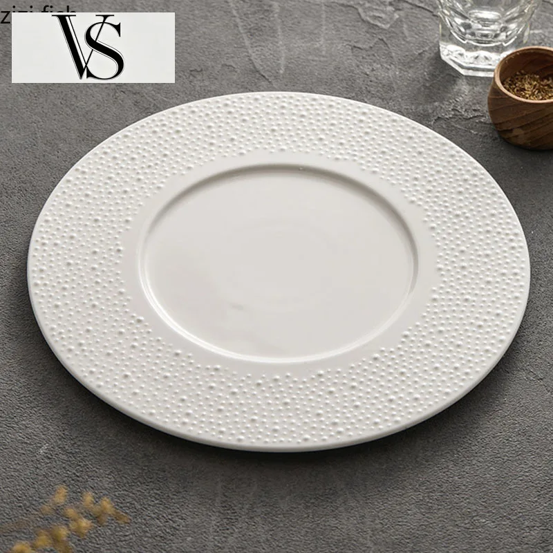 Plate Dish Steak Pasta Sushi Dessert Serving Plates Plates Restaurant Tableware White Dot Bead Ceramic Plate Round Flat
