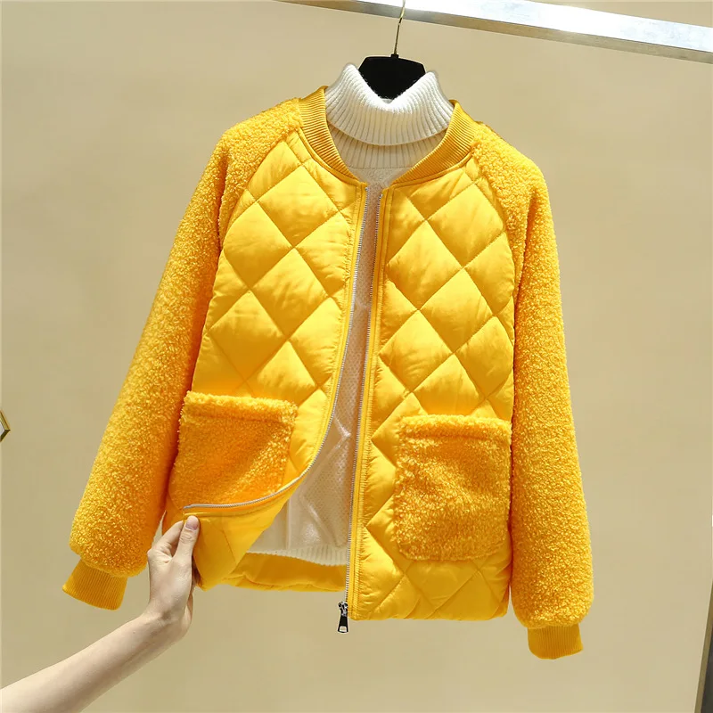 

2023 New Winter Imitate Lambswool Women Jacket Thin Light Short Parka Warm Female Cotton Padded Jacket Casual Outwear F1987