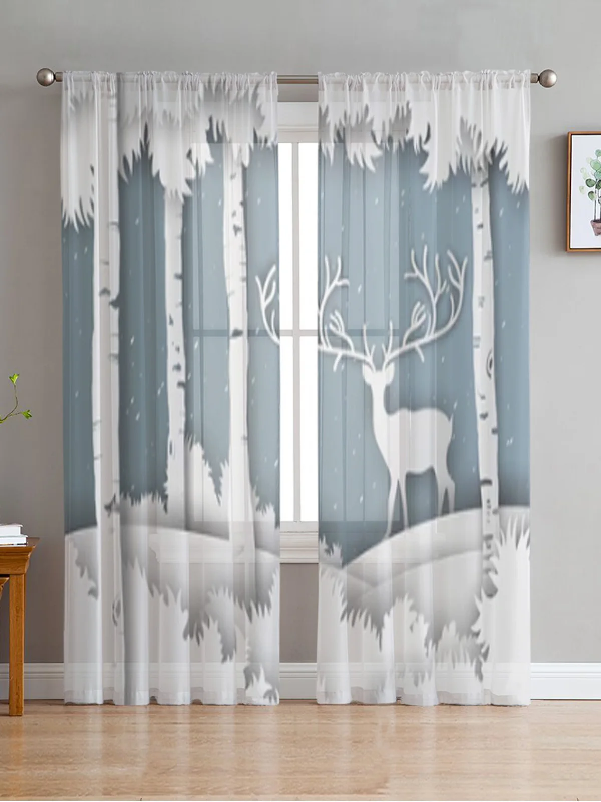 Christmas Deer In Forest With Snow Sheer Curtains For Living Room Bedroom Balcony Transparent Window Blinds Kitchen Drapes