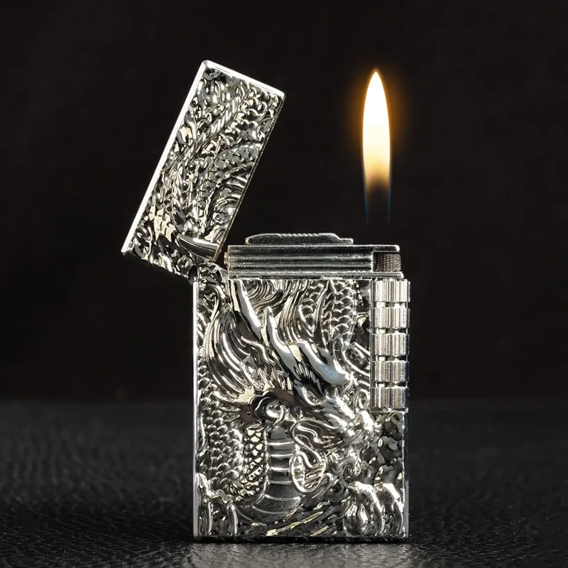 Dragon Gas Lighter Grinding Jet Gas Flint Lighter Butane Metal Emboss PING Bright Sound Cigarette Cigar Lighter Inflated MenGift