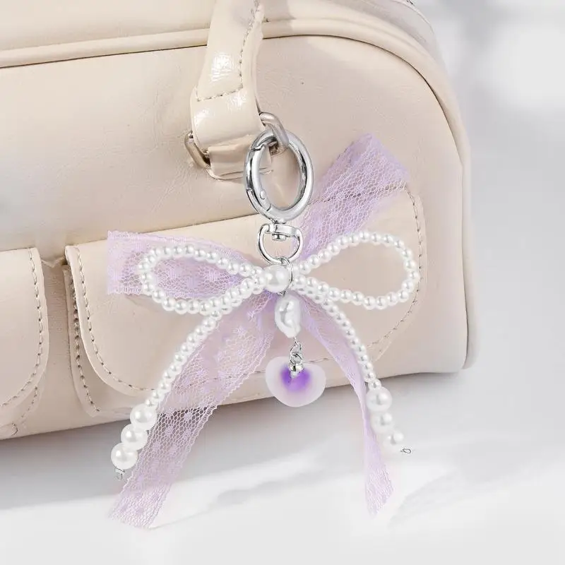 LLavero de cuentas estilo Sweet Ins Y2K elegante cinta de encaje de perlas de imitación llavero con lazo bolso de moda colgante llavero regalos