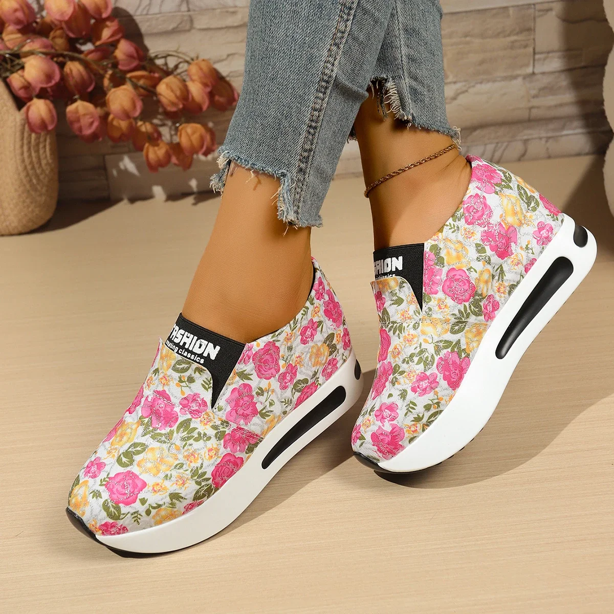 New Arrival Women Floral Canvas Platform Loafers Slip‑on Wedge Sneakers Round Toe Non‑Slip Casual Daily Shoes Plus Size - view 2
