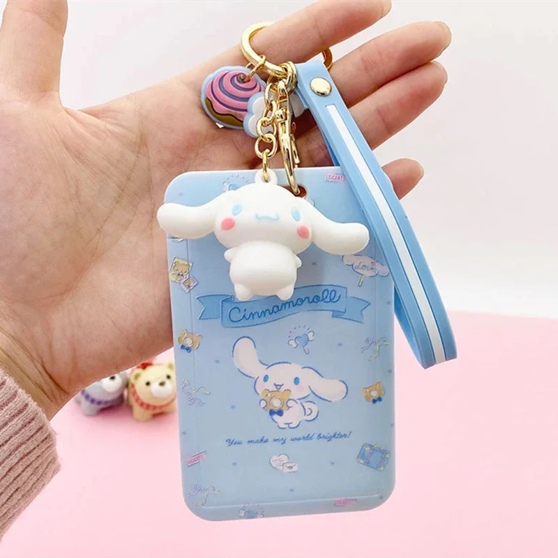Kawaii sanrio cinnamoroll minha melodia anime chaveiro purin cão gato bonito titular do cartão cordão de plástico titular do cartão para menina