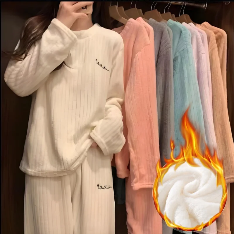 

Womens Plush Coral Fleece Flannel Pajama Set Cozy Thermal Loungewear Thickened Home Sleepwear Winter Nightwear Outfit