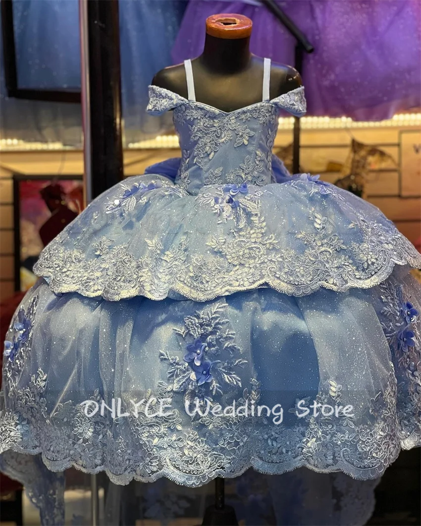 New Desgin Sky Blue Flower Girls Dress 2024 Lace Flowers Pearls Beading Ball Gown Flowers Cute Birthday Party Gown