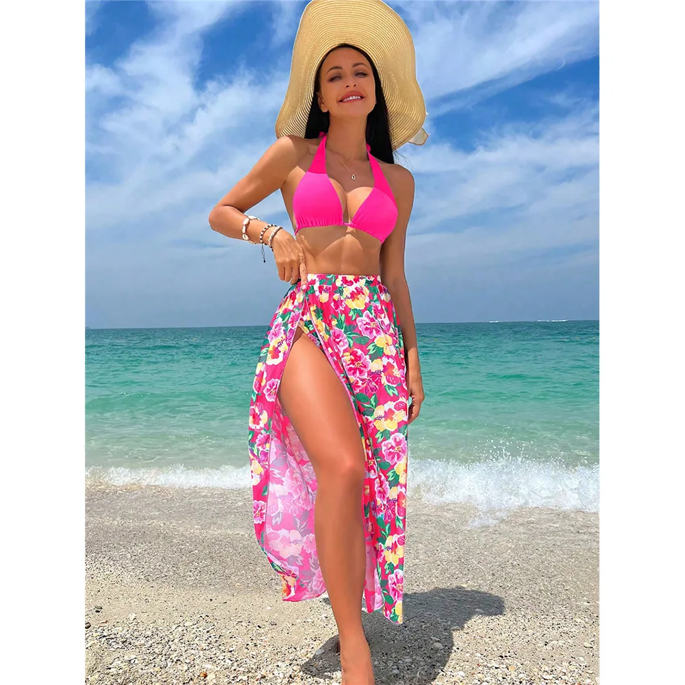 Sexy 3 Pieces Micro Bikini 2024 Women Swimsuit Female Swimwear with Floral Skirts Brazilian Beach Cover Up Bathing Suit Biquini