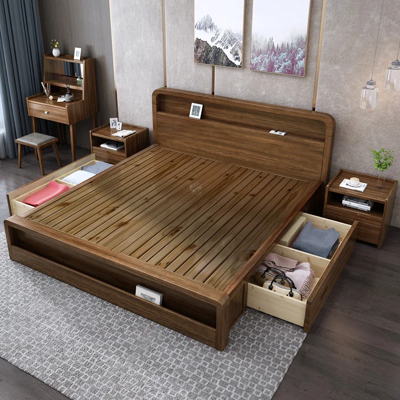 Walnut Nordic solid wood bed 1.8m 1.5m modern simple single double master bedroom small apartment high box bed marriage bed