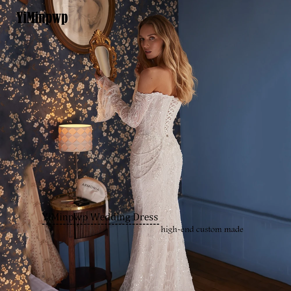 Luxuriöses Meerjungfrau-Hochzeitskleid mit Spitze und Perlen für Frauen, schulterfrei, langärmelig, trägerlos, Tüll, Hochzeit, Brautkleid, individuell gestaltet