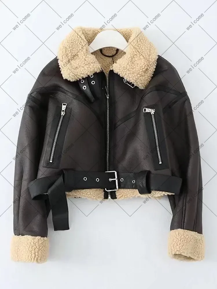 Winter Women Streetwear Faux Lamb Leather Fur Short Jacket with Belt Moto Biker Thick Warm Sheepskin Coat Outwear