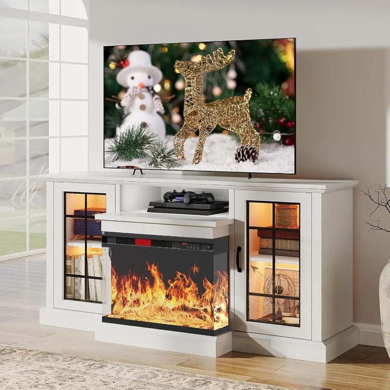 59'' Fireplace TV Stand, Triple Glass Media Entertainment Center Console for TVs up to 65'', Adjustable Flame LED Color