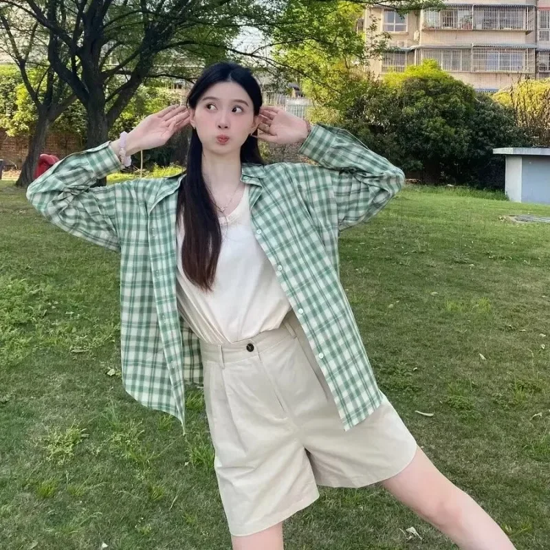 DAYIFUN-Korean Style Shirt for Lady,Autumn Light Green Plaid Design,Loose,Mid-length Casual Cloth,Lapel Collar,Versatile Blusas