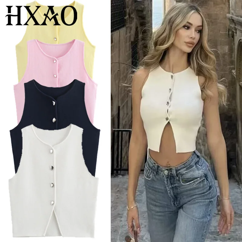 

HXAO укороченный вязаный жилет, женский жилет, осень 2025 г., белый, темно-синий, желтый, розовый, трикотаж, шикарный бюстье, женский жилет без рукавов на пуговицах