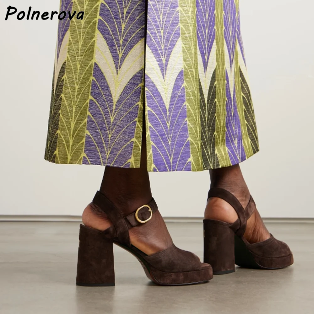 

Замшевые однотонные сандалии на платформе, коричневые, хаки, туфли на массивном каблуке с пряжкой и пустым ремнем с боковой пряжкой, женские летние элегантные модельные туфли