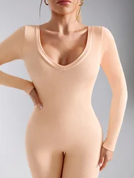 Women Yoga Jumpsuits Workout Ribbed Long Sleeve Sport Jumpsuits