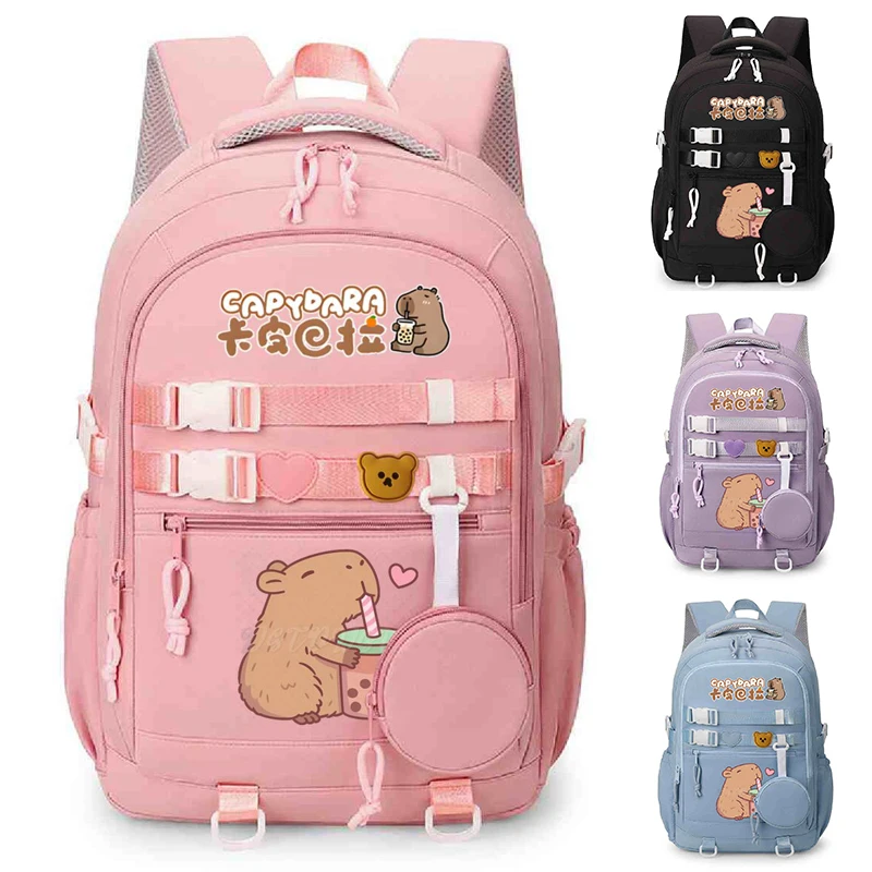 Cute Cartoon Capybara Bubble Tea Graphic School Backpacks for Women Girls Laptop Computer Bag Teenager Capybara Lovers Schoolbag