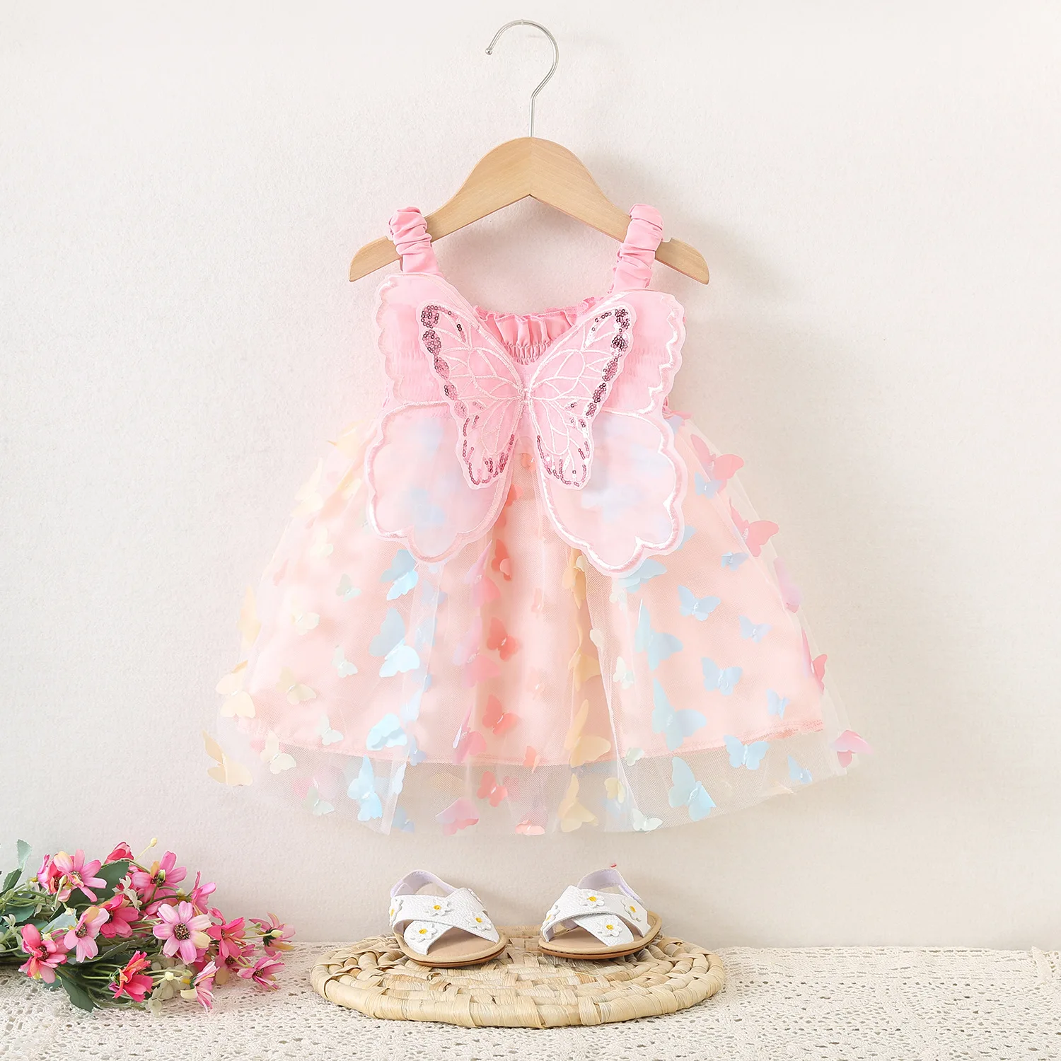 New Summer Baby Girls Dress Cute Butterfly Wings Sequin Sling Design Full Printed Butterfly Sticker Dress For 1-3 Years Old Kids