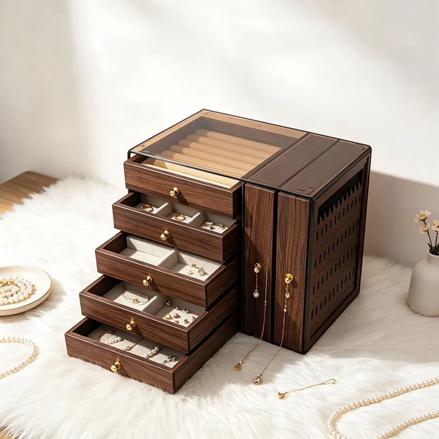Exquisite jewelry storage box multi-layer walnut color necklace ring earring jewelry storage bracelet jewelry box