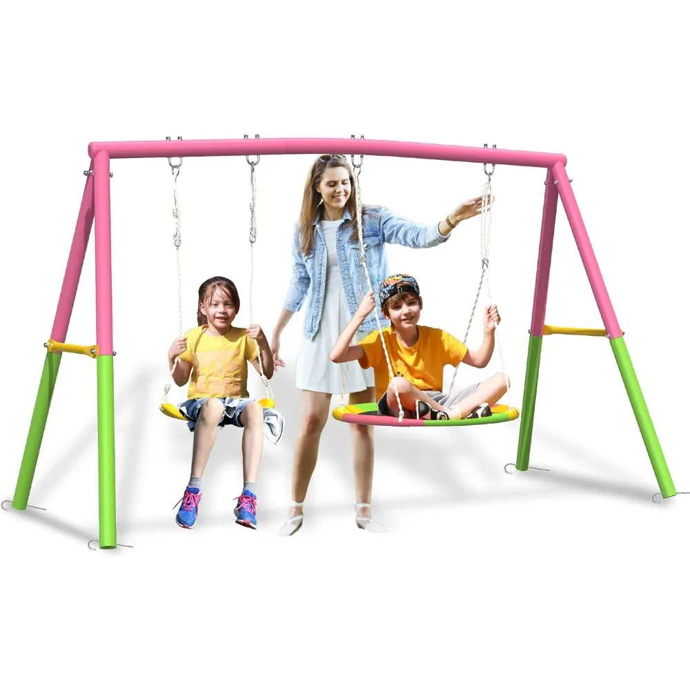 مجموعة أرجوحة للفناء الخلفي مع حامل، حامل أرجوحة معدني خارجي عالي التحمل بوزن 440 رطل، يحتوي على طبق واحد مقاس 32 بوصة و1 مقعد حزام 26.2 بوصة