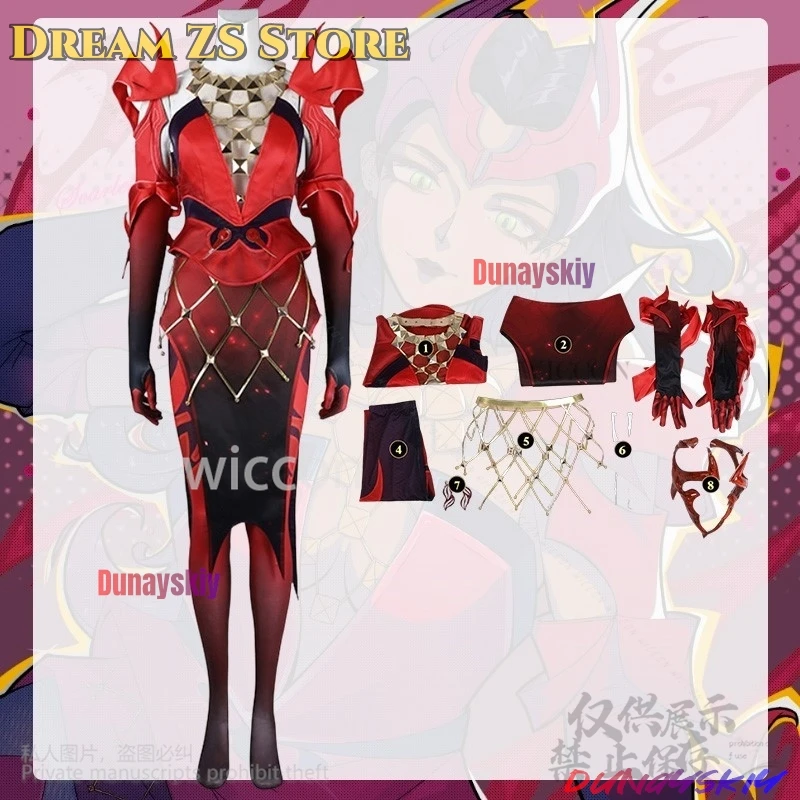 

Anime Game Rivals Cosplay Witch Red To Black Gradient Wigs Sexy Jumpsuit Halloween Party Punk Y2K Bodysuit Headwear Customized