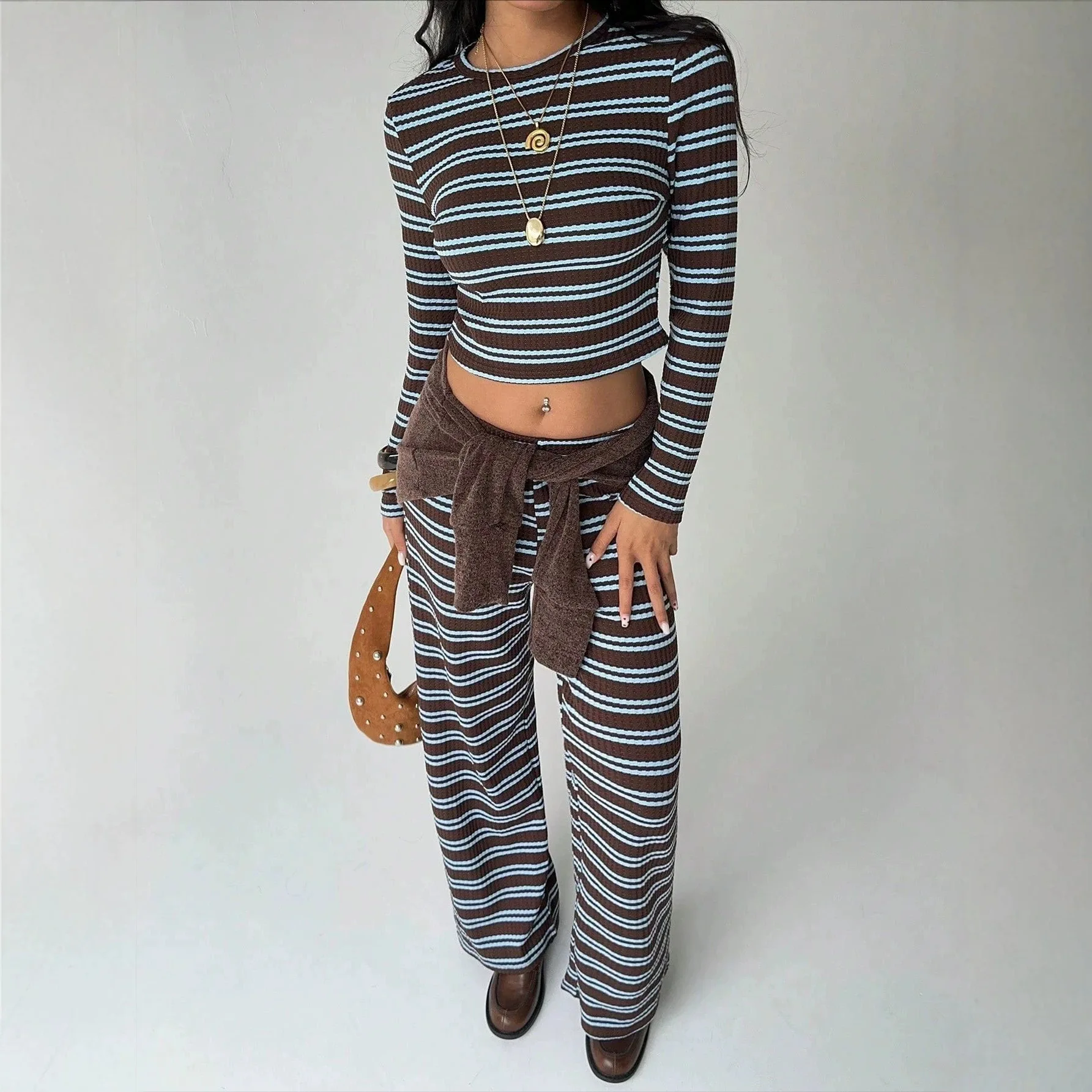 MsChuh Women's Matching Sets Striped Long Sleeve Crop Top Wide Leg Pants Ropa Mujer Chic Simple Casual Daily Two Piece Outfits