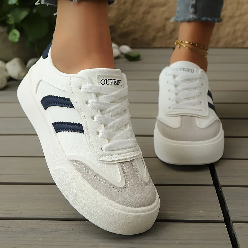 

Women's Casual Platform Lace Up Sneakers White and Black Panel Simple Design Fashionable Daily Wear Comfortable Shoes for Women