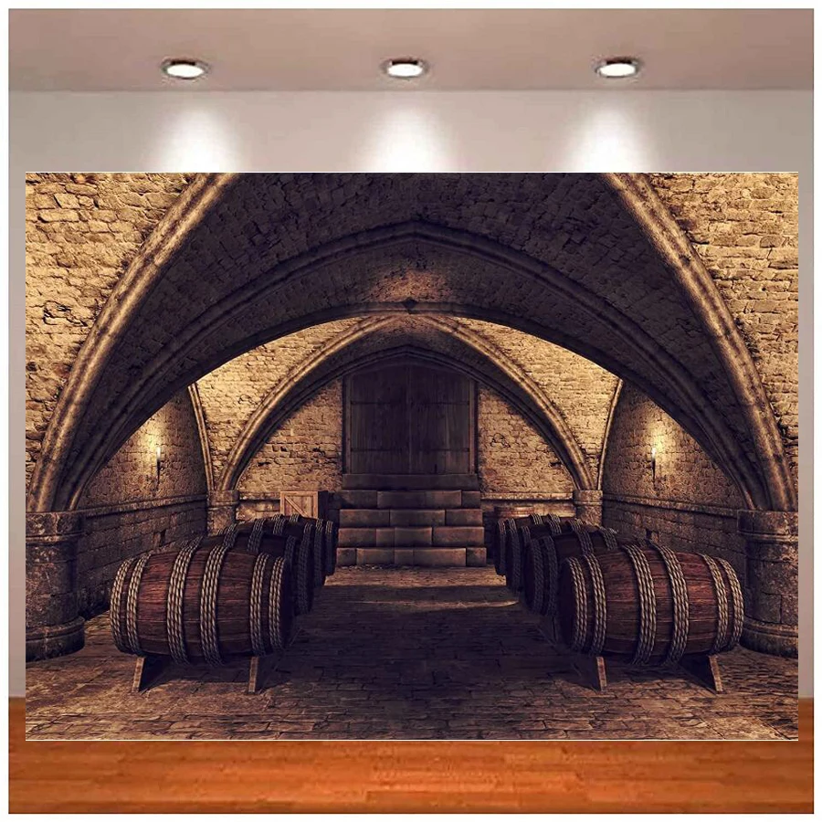 Photography Backdrop Wine Cellar Winery Underground Storage Room Arch Brick Wall Wooden Barrels Bar Club Pub Scene Background