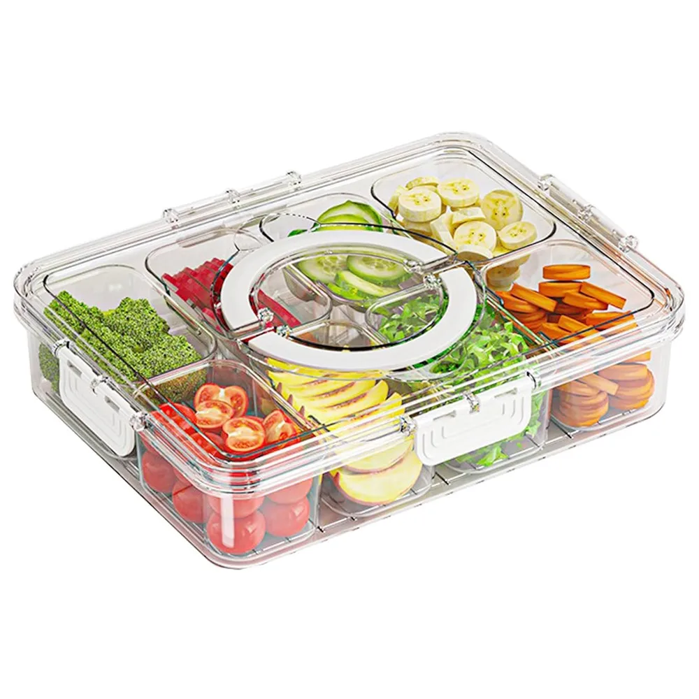 Veggie-Tablett im neuen Stil mit Deckelgriff, geteiltes Serviertablett, Snack-Spinner, tragbare Snack-Box für Süßigkeiten, Früchte, Nüsse, durchsichtiger Kühlschrank