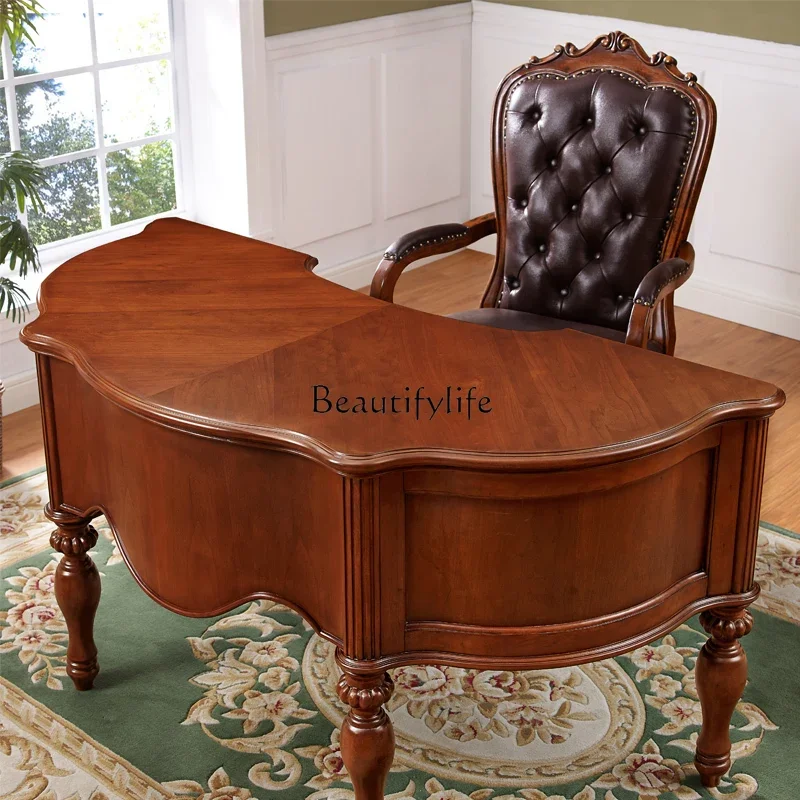 

American solid wood desk writing desk European semi-circular computer table retro arc