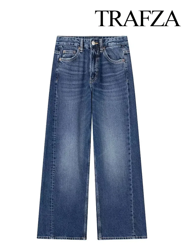 TRAFZA-Jean Long en Denim pour Femme, Pantalon à Jambes Larges, Cool, High Street, 4 Couleurs, Porté en Toutes Saisons, 2023