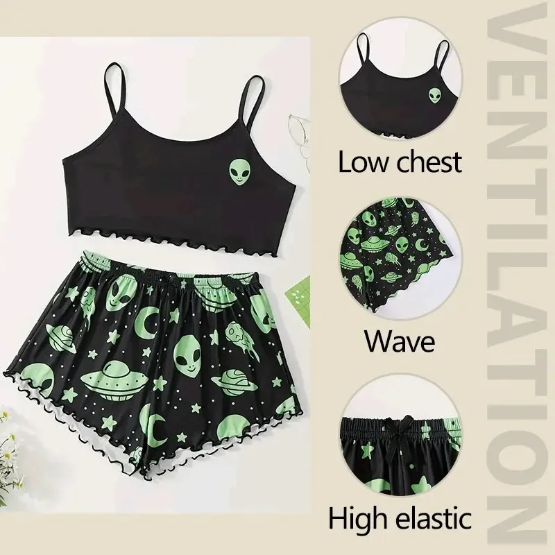 طقم بيجامات نسائي صيفي ملابس نوم بنمط غريب مطبوعة قميص قصير رياضي وسروال قصير ملابس غير رسمية