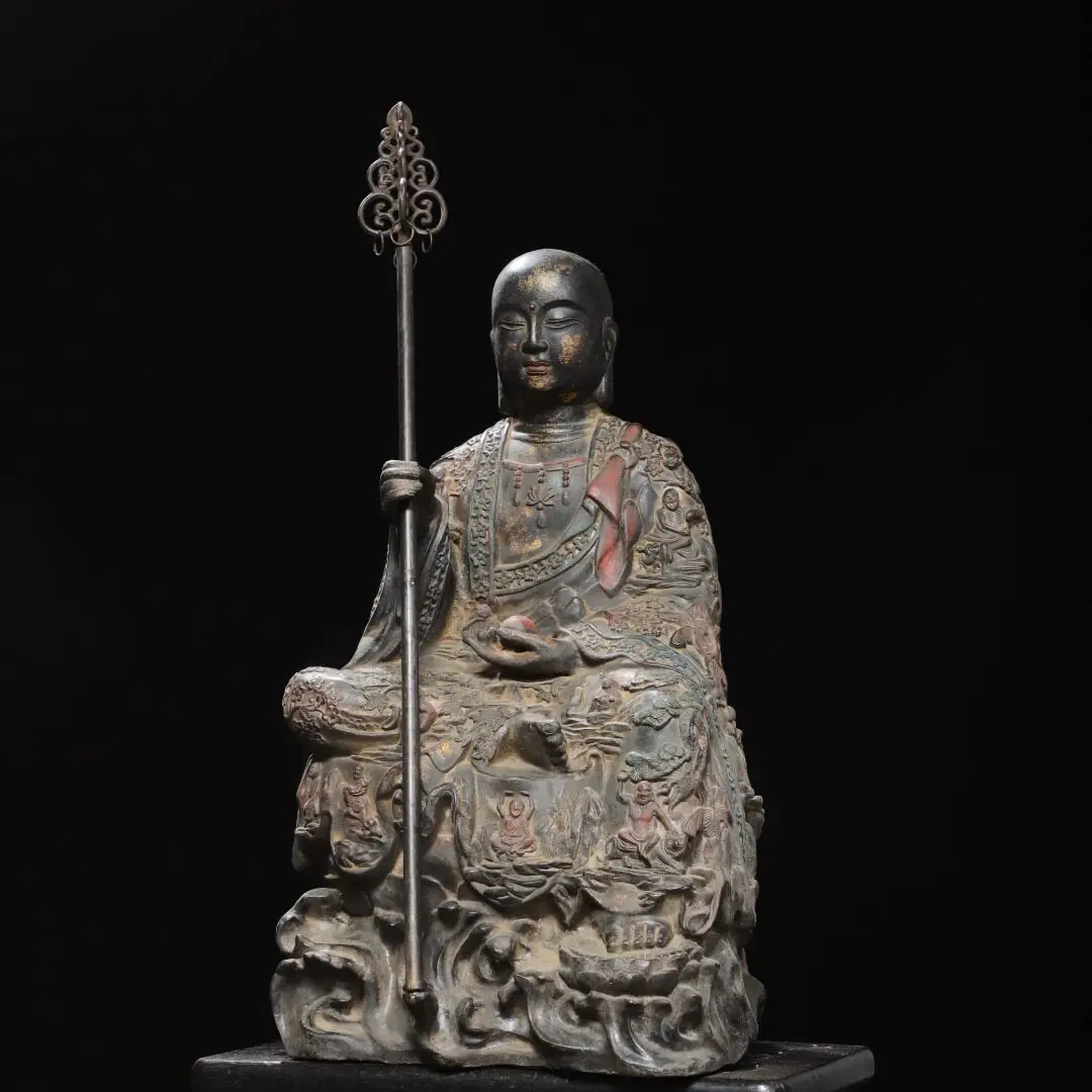 Brass Ksitigarbha Buddha Statue Antique Gold Gilded – Desktop Shrine Feng Shui Decor Gift