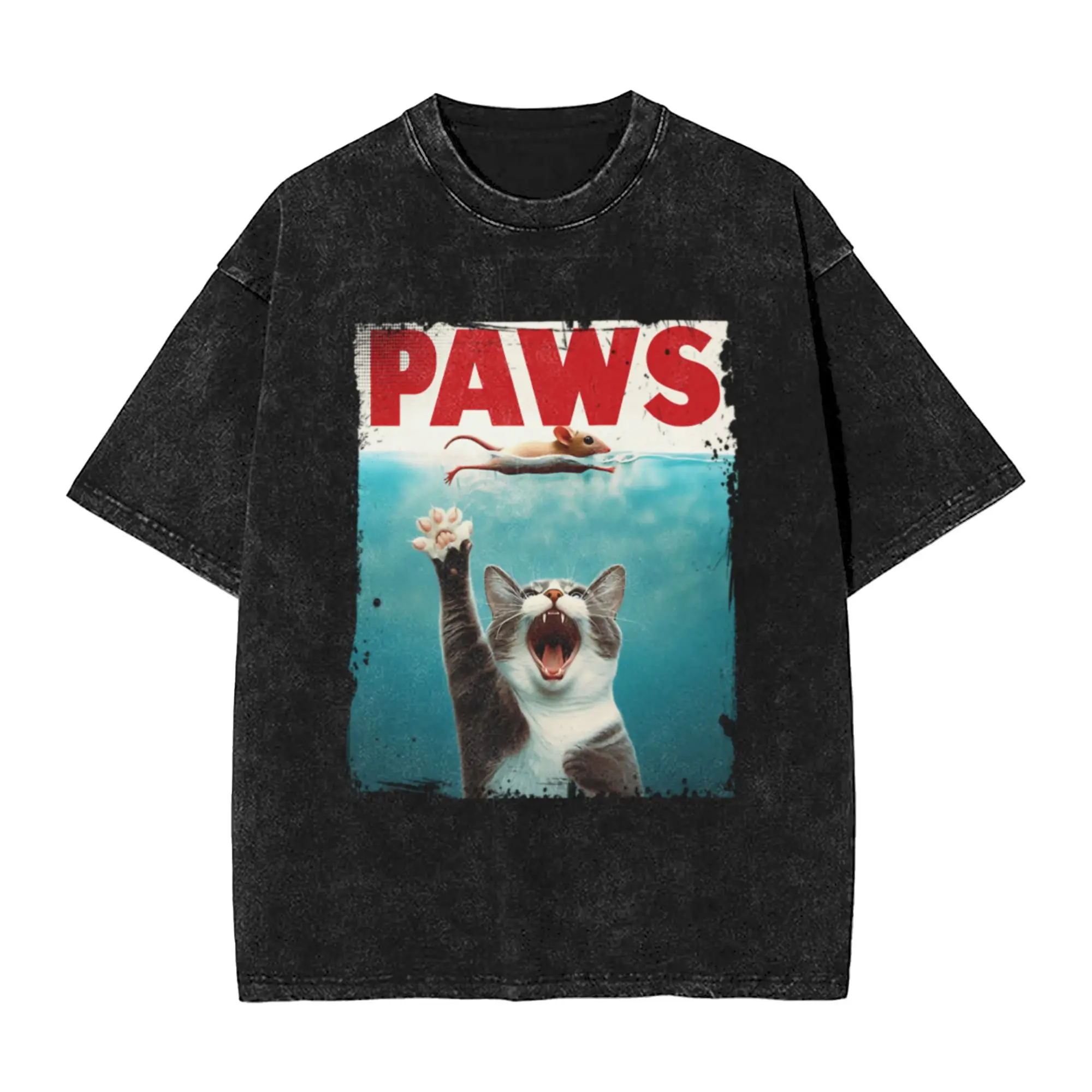 Jaws - Paws  funny cat catching a mouse Unique Stylish A Vintage Oversized Cotton Unisex T-Shirts