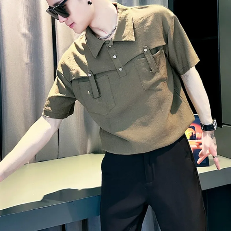 

Корейские мужские футболки с карманами и лацканами, лето 2021, модная свободная повседневная рубашка-поло с короткими рукавами, уличная одежда для социальных вечеринок