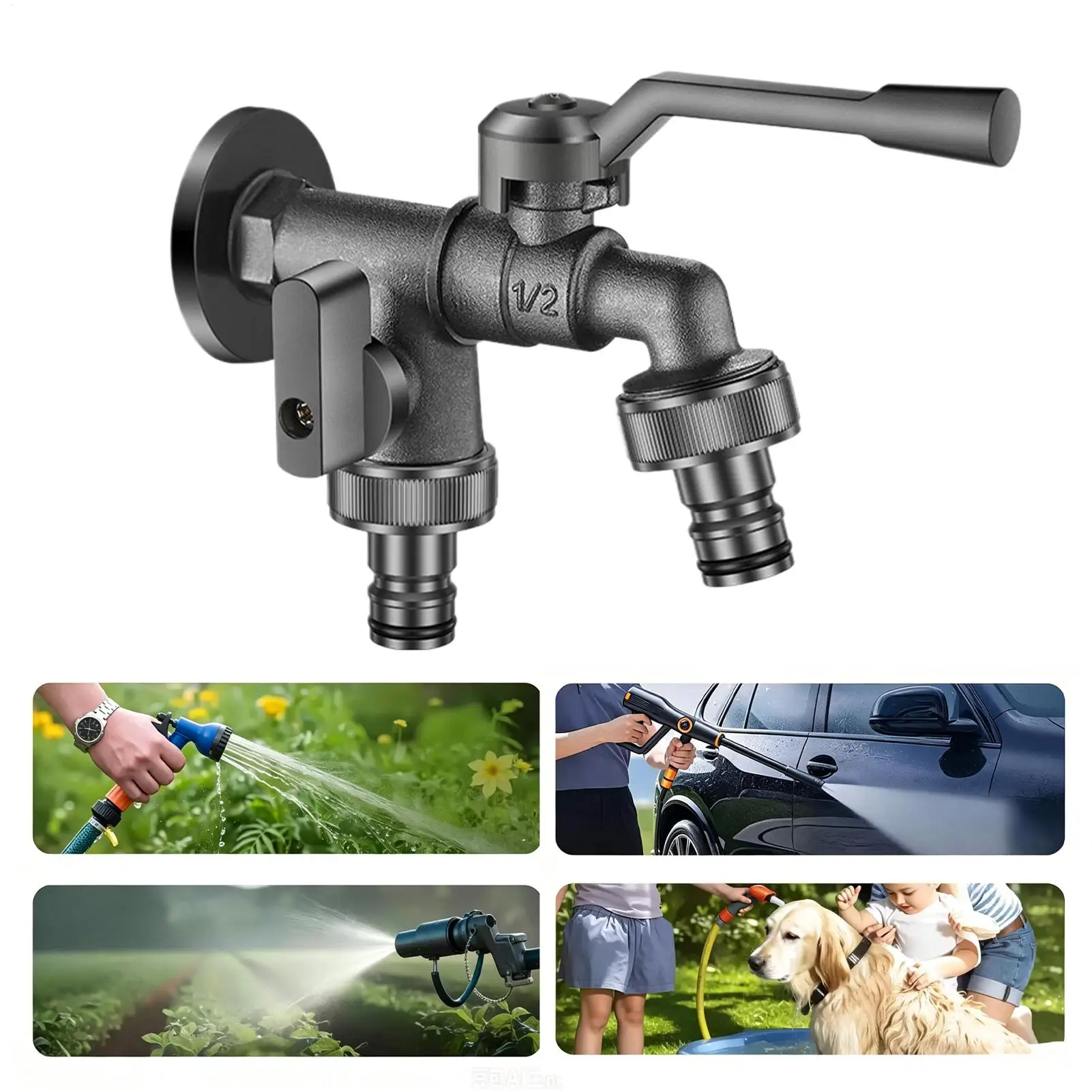 Anti Freeze 2 Way Garden Water Faucet Tap for Outdoor Car Washing Flowers Irrigation Pet Grooming Professionals Homeowners