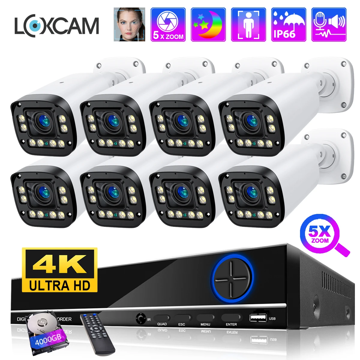 poe sistema de seguranca exterior foco automatico audio bidirecional ai face detect camera de vigilancia video grupo 10ch 4k 8ch zoom optico 5x 01