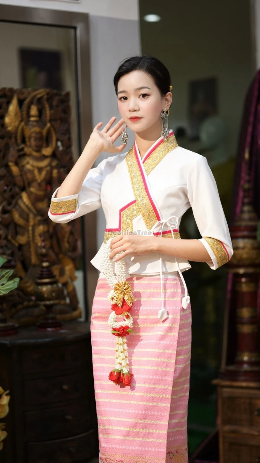 2025 thailand traditional women elegant daily clothes gilded yarn splashing garment dai minority festival travel photography set