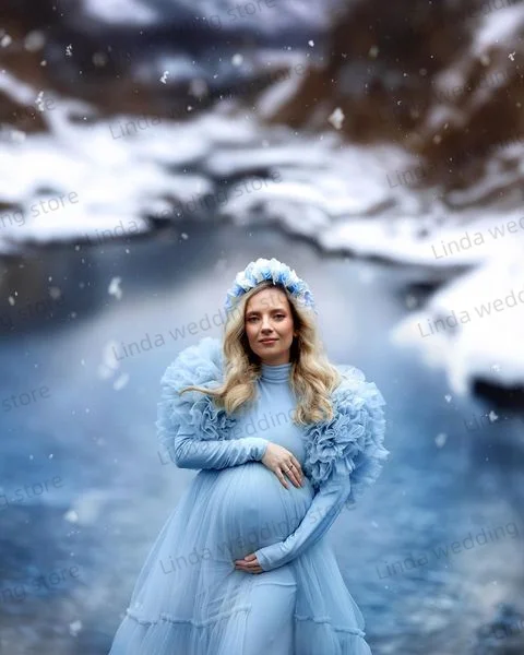 Illusion Sky Blue Maternity Dresses for Women Ruffles Full Sleeves Vestidos De Noche  Babyshower Gowns for Photography Props