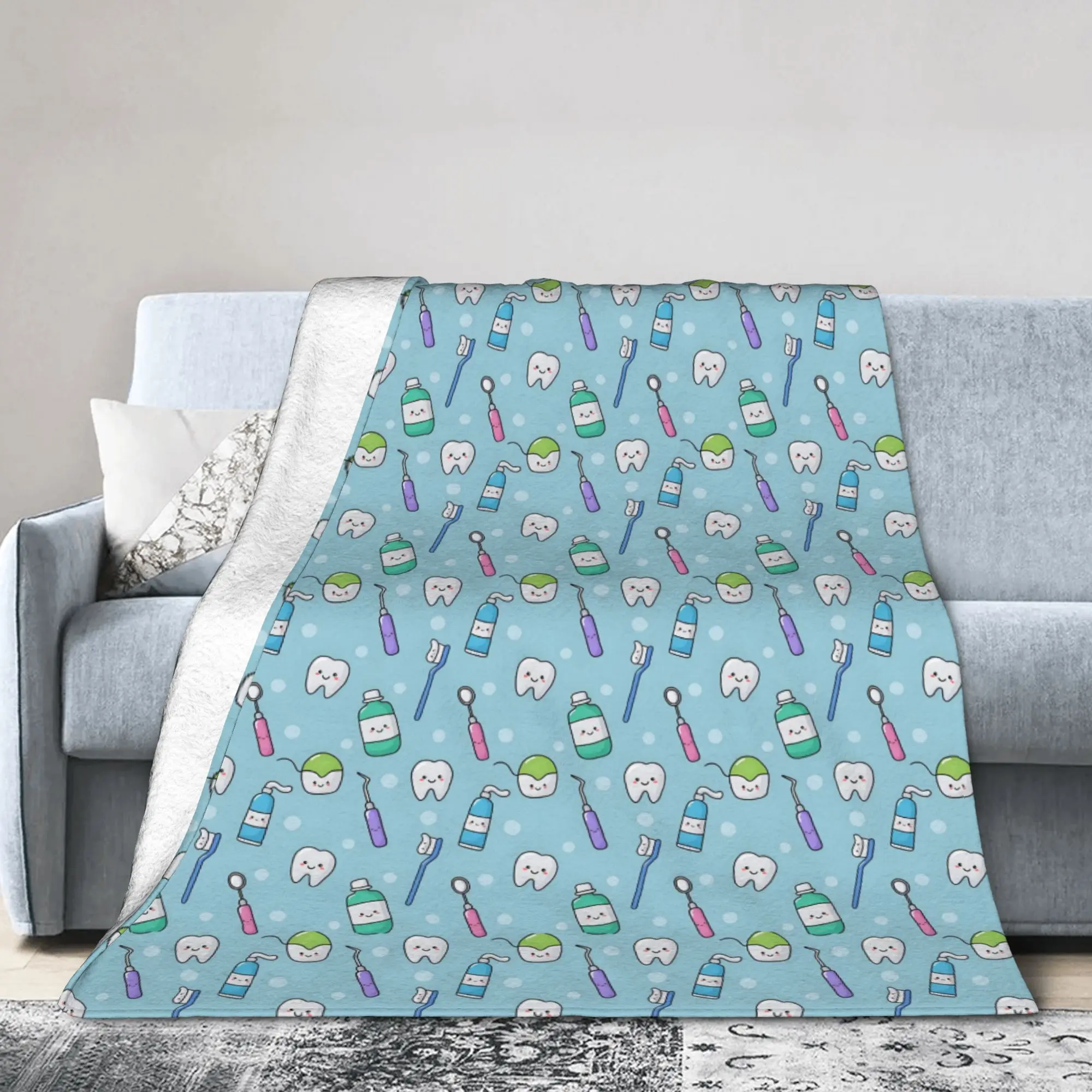 Custom Healthy Teeth Pattern Tooth Blanket Warm Fleece Soft Flannel Care Dental Health Throw Blankets for Bedding Sofa Outdoor