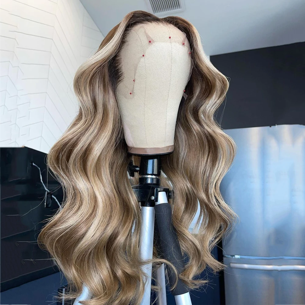 

Синтетические парики фронта шнурка Коричневый блондин Balayage Длинный волнистый парик шнурка HD Косплей Вечеринка Использование для женщин Термостойкий стиль свободной части