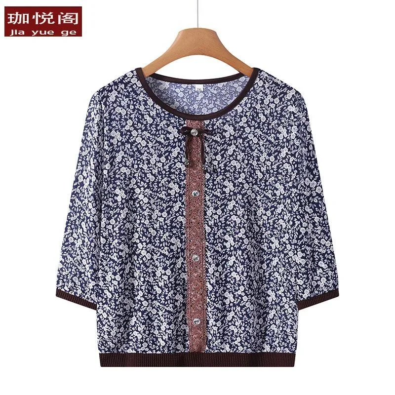 

Футболка среднего размера, женский модный повседневный пуловер, топ для мам, летняя новинка с круглым вырезом, семиточечная старая леди