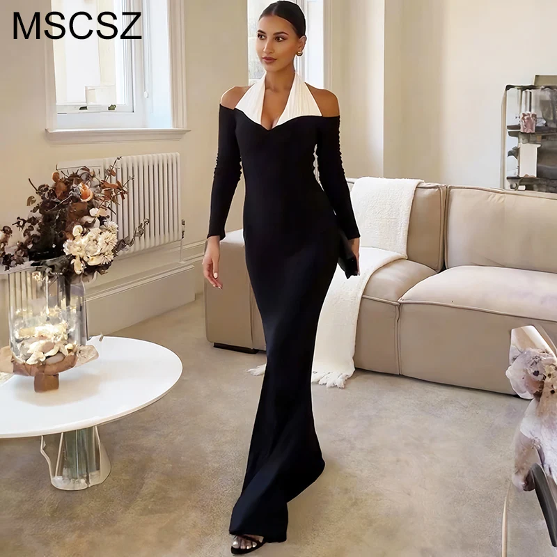 

MSCSZ Contrast Halter Neck Long Black Dress For Women Off Shoulder Backless Sexy Maxi Dress Elegant Long Sleeve Party Dress