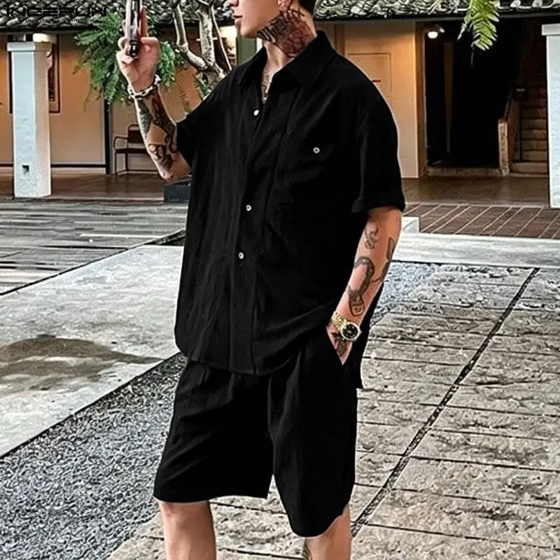 INCERUN Men Sets Solid Lapel Short Sleeve Shirt Shorts Two Piece Sets Streetwear Summer 2026 Loose Men Matching Sets Tracksuits view 6