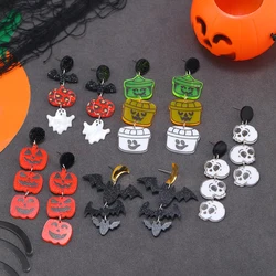 European and American acrylic sweet and cute long Halloween horror pumpkin lamp bat ice cream earrings and pins